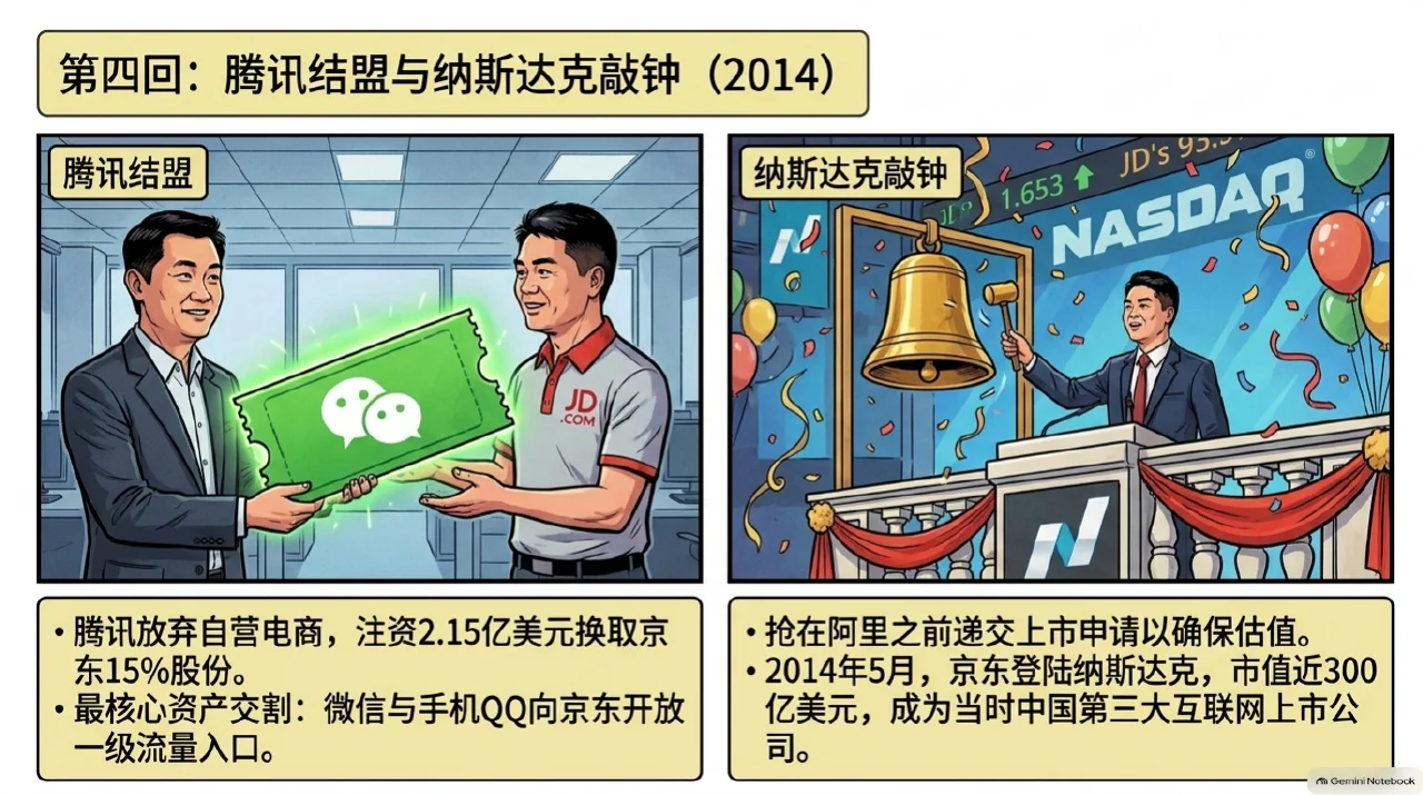 本集漫画幻灯片:结盟腾讯与上市:跃升为全国电商三巨头相关内容